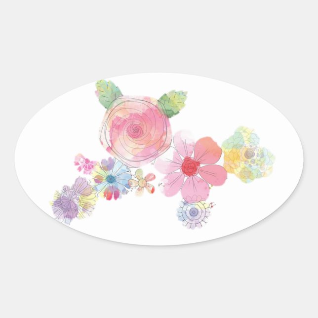Pastel Floral Watercolour Design Oval Sticker (Front)