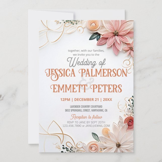 Pastel Floral Wedding Greenery Frame Paper Quillin Invitation (Front)