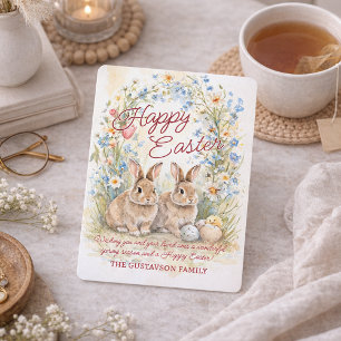 Pastel Floral Wreath And Cute Bunnies Easter Holiday Card