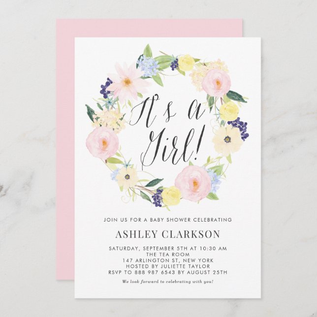 Pastel Floral Wreath Baby Shower Invitation (Front/Back)