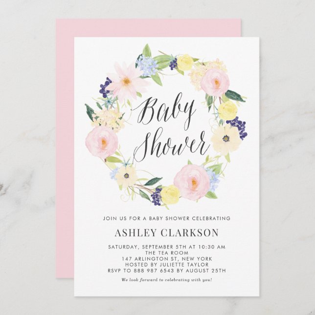 Pastel Floral Wreath Baby Shower Invitation (Front/Back)