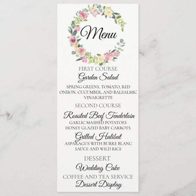 Pastel Floral Wreath Wedding Menu Card (Front)