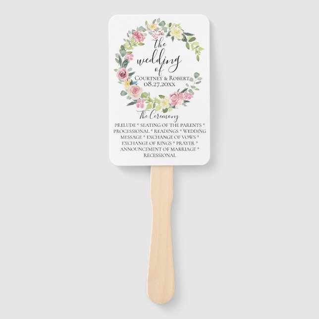 Pastel Floral Wreath Wedding Program Fans (Front)