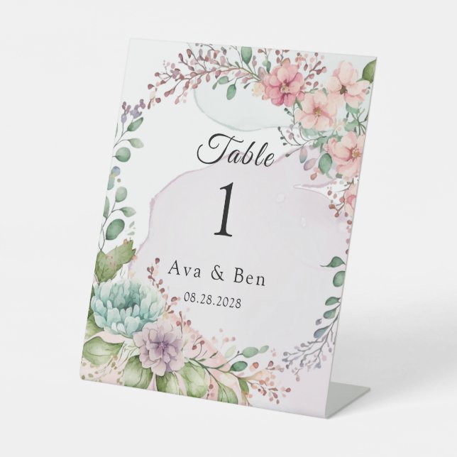 Pastel Florals and Alcohol Ink Table Number Pedestal Sign (Front)