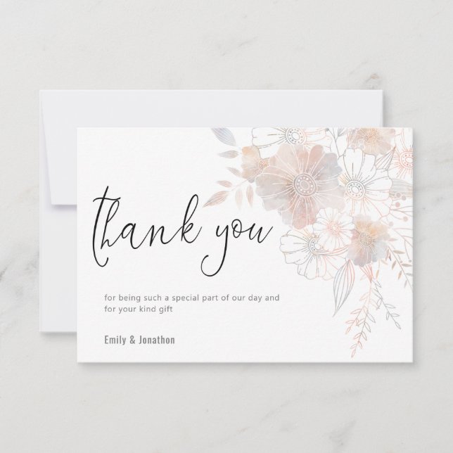 Pastel Florals Blush Grey Script Photo Wedding Thank You Card (Front)
