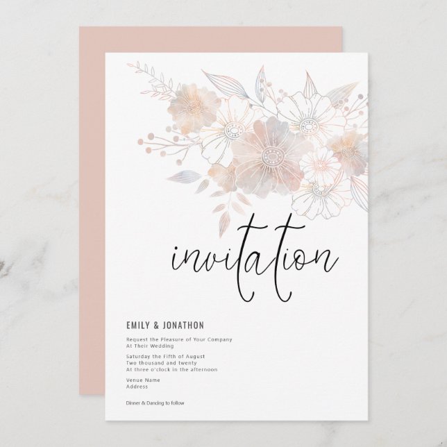 Pastel Florals Blush Peach Grey Wedding Invitation (Front/Back)