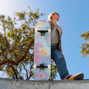 Pastel Florals & Pink Butterflies Rainbow Clouds Skateboard