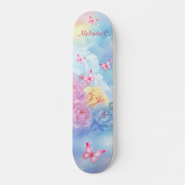 Pastel Florals & Pink Butterflies Rainbow Clouds Skateboard (Front)