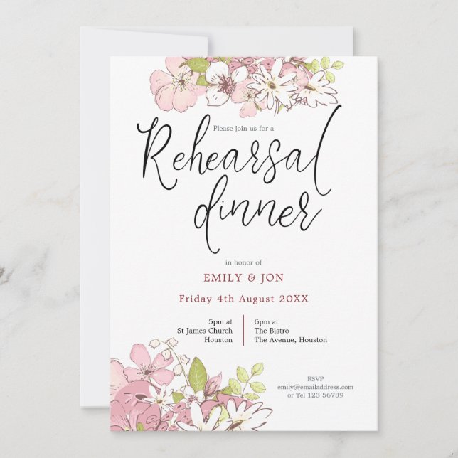 Pastel Florals Script Wedding Rehearsal Dinner Invitation (Front)