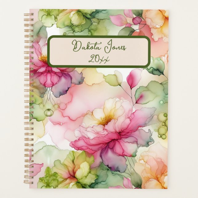 Pastel Flower Alcohol Ink Illustration Personalise Planner (Front)