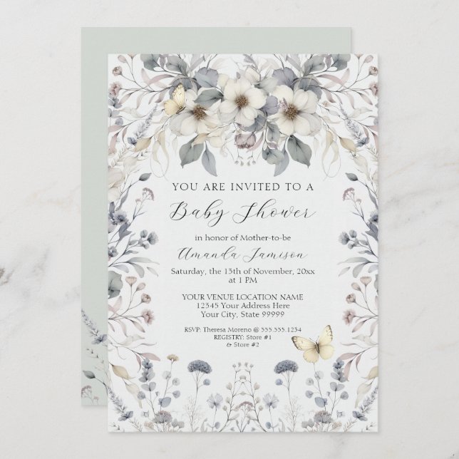 Pastel Flower Butterfly Lavender Baby Girl Invitation (Front/Back)