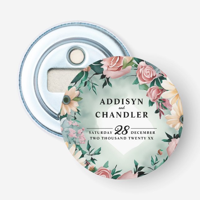 Pastel Flower Elegance: Sage Green Floral Wedding Bottle Opener (Front)