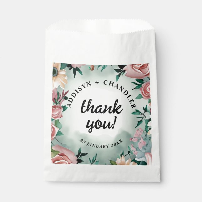 Pastel Flower Elegance: Sage Green Floral Wedding Favour Bags (Front)