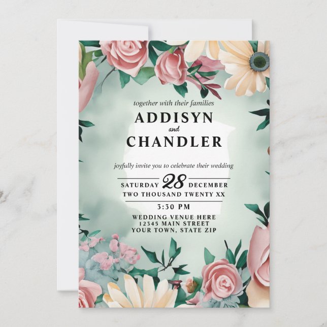 Pastel Flower Elegance: Sage Green Floral Wedding Invitation (Front)