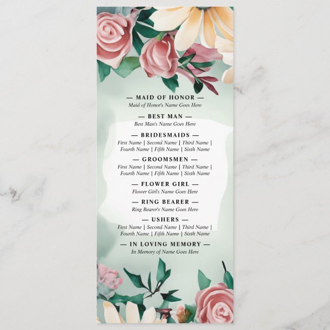 Pastel Flower Elegance: Sage Green Floral Wedding Programme (Back)