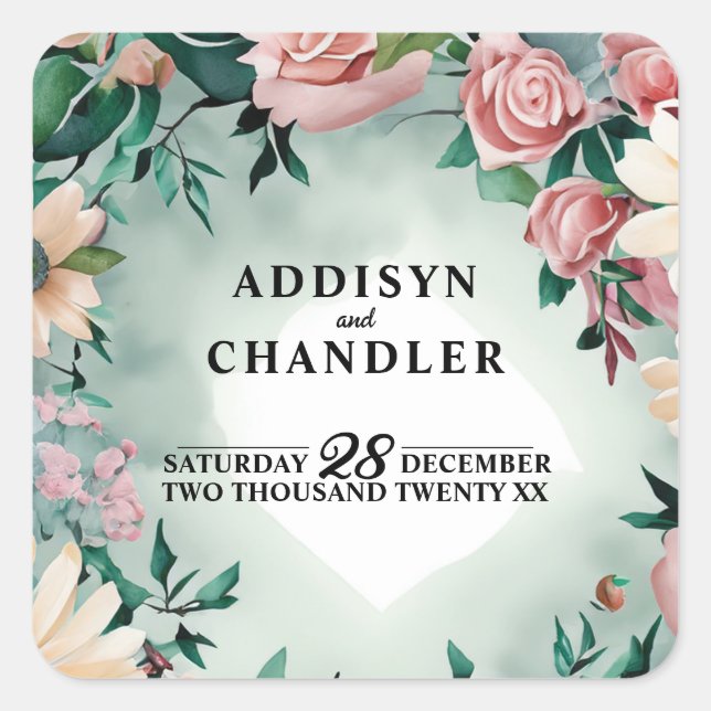 Pastel Flower Elegance: Sage Green Floral Wedding Square Sticker (Front)