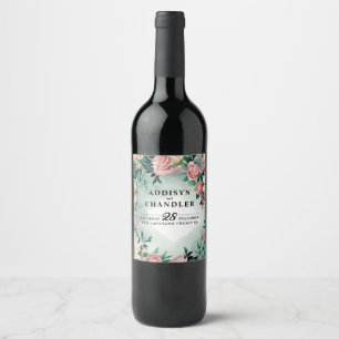 Pastel Flower Elegance: Sage Green Floral Wedding Wine Label