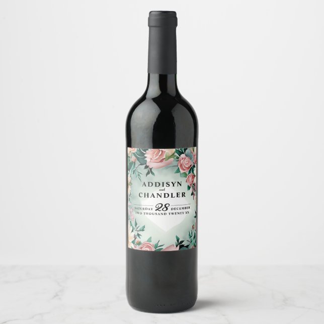 Pastel Flower Elegance: Sage Green Floral Wedding Wine Label (Front)