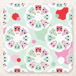 pastel flower owl background pattern square paper coaster