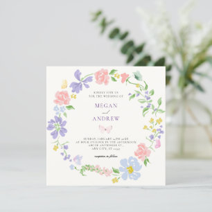 Pastel flower wreath with butterflies wedding invitation