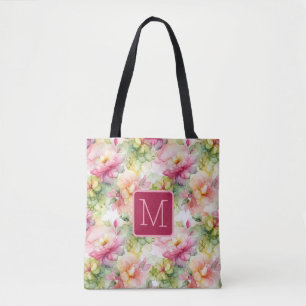 Pastel Flowers Alcohol Ink Color Block Monogram Tote Bag