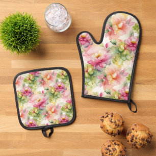 Pastel Flowers Alcohol Ink Illustration Oven Mitt & Pot Holder Set