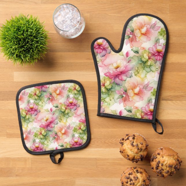 Pastel Flowers Alcohol Ink Illustration  Oven Mitt & Pot Holder Set (Top Down)