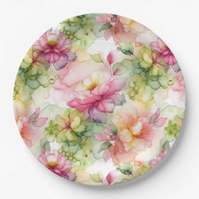 Pastel Flowers Alcohol Ink Illustration  Paper Plate (Front)
