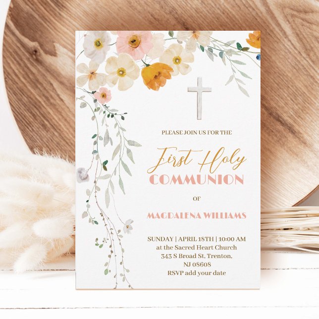 Pastel flowers and greenery First Holy Communion Invitation (Creator Uploaded)
