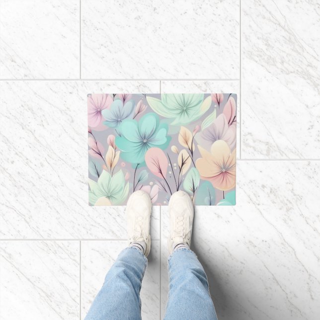 Pastel Flowers and Leaves on Purple Background Doormat (Indoor)