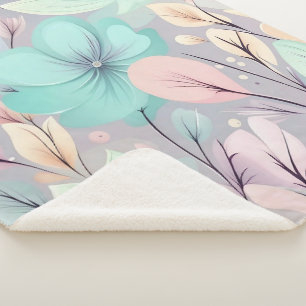 Pastel Flowers and Leaves on Purple Background Sherpa Blanket