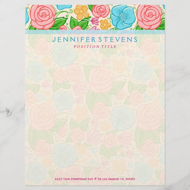 Pastel Flowers and Roses In Pink Blue And Beige Personalized Letterhead (Front)