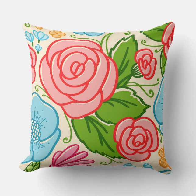 Pastel Flowers and Roses- Pink Blue And Beige 3 Cushion (Front)