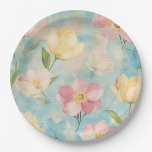 Pastel flowers. Garden beauty.  Paper Plate