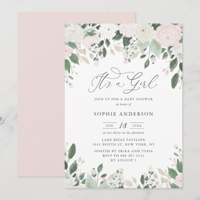 Pastel Flowers Glitter It's a Girl Baby Shower Invitation (Front/Back)