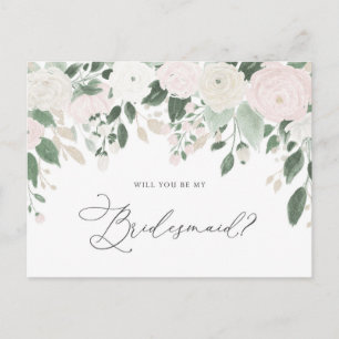 Pastel Flowers Glitter Will You Be My Bridesmaid Invitation Postcard