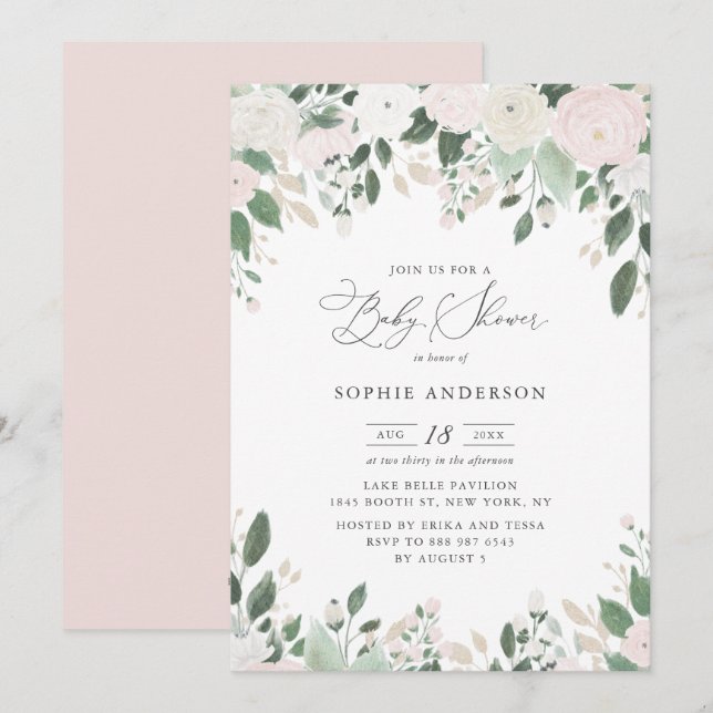 Pastel Flowers Gold Glitter Leaves Baby Shower Invitation (Front/Back)