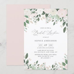 Pastel Flowers Gold Glitter Leaves Bridal Luncheon Invitation