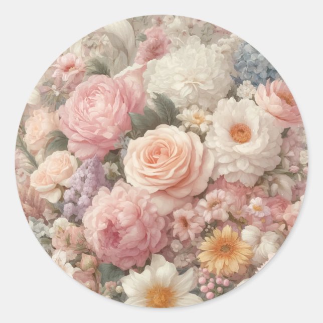 Pastel Flowers Shabby Chic Rose Floral Wedding Classic Round Sticker (Front)