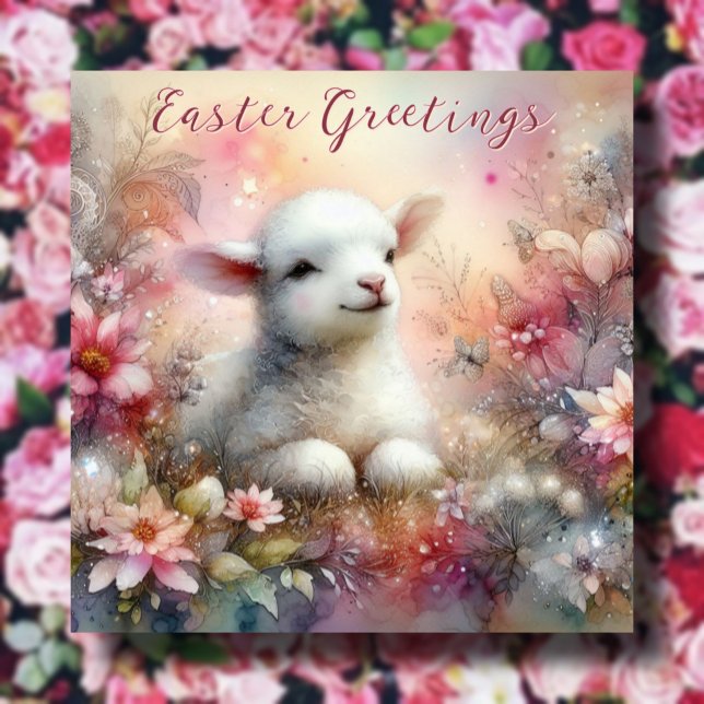 Pastel Flowers Watercolor Lamb Easter Holiday Card (Creator Uploaded)
