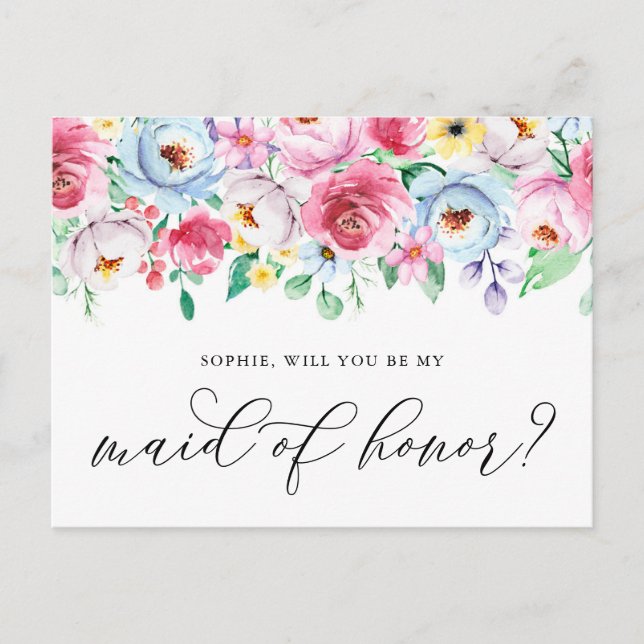 Pastel Flowers Will You Be My Maid of Honour Card (Front)