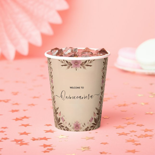 Pastel Font Dusty Glam Rose Gold Quinceanera Paper Cups (Insitu)