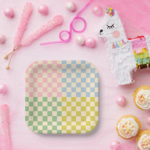 Pastel Four Check Chequered Pattern Paper Plate
