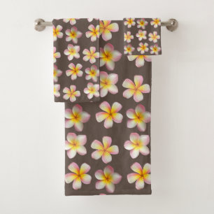 Pastel Frangipani Plumeria Flowers on Brown Bath Towel Set