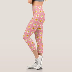 Pastel Frangipani Plumeria Flowers on Pink Capri Leggings