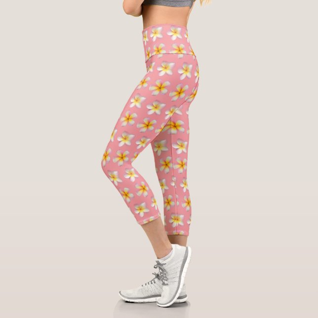 Pastel Frangipani Plumeria Flowers on Pink Capri Leggings (Left)