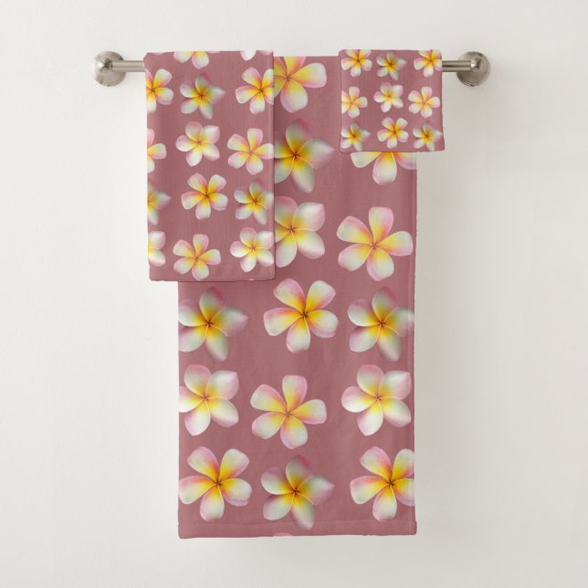 Pastel Frangipani Plumeria Flowers on Rose Gold Bath Towel Set (Insitu)