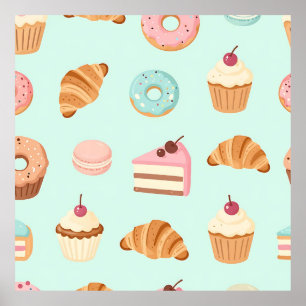 Pastel French Pastries Cute Dessert Pattern Poster