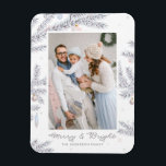 Pastel Frosted Pine Needles Merry & Bright Photo Magnet<br><div class="desc">May your holidays be merry and bright! Send holiday wishes and greetings to family and friends with this customisable photo magnet. It features pastel frosted pine needles,  ornaments and snowflakes. Personalise by adding names and photo. This pastel holiday magnet is perfect for any holiday theme. Matching items are available.</div>