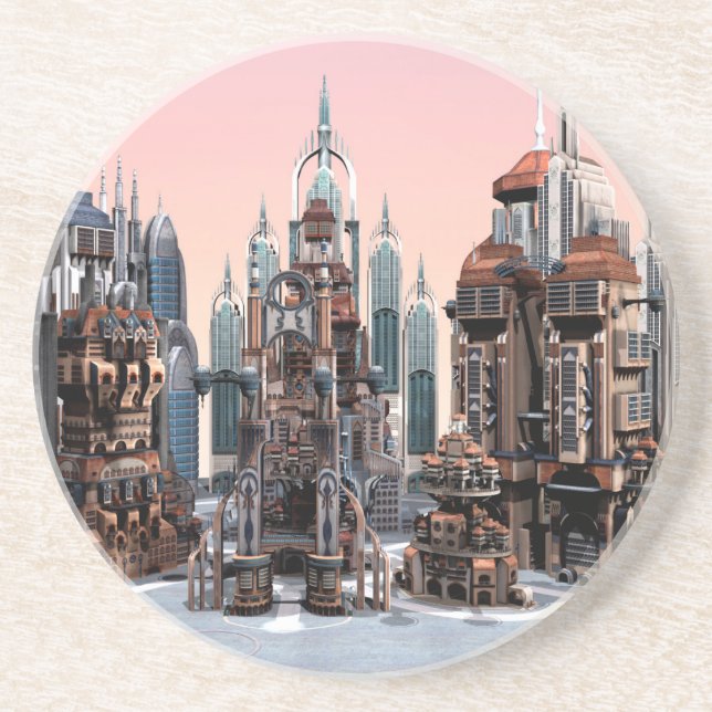 Pastel Futuristic City Fantasy Skyline Art Coaster (Front)
